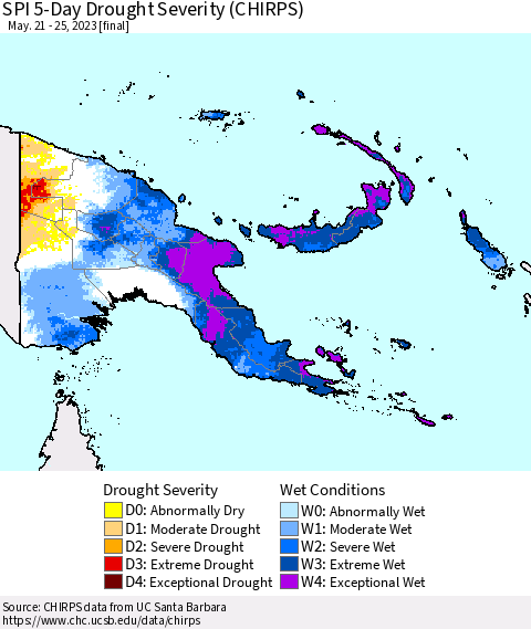 Papua New Guinea SPI 5-Day Drought Severity (CHIRPS) Thematic Map For 5/21/2023 - 5/25/2023