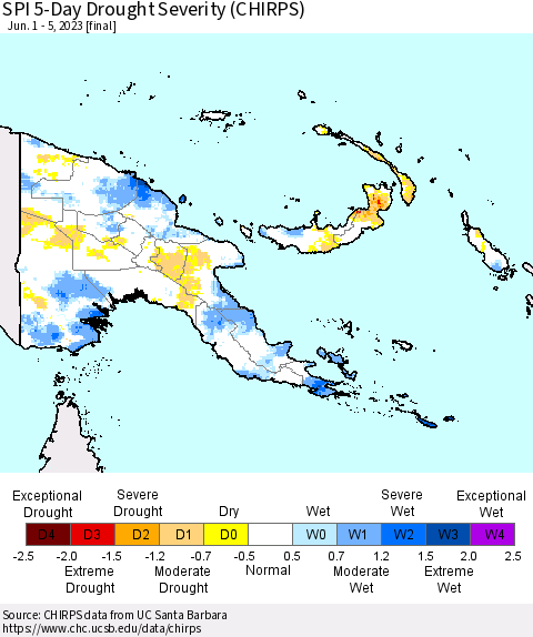 Papua New Guinea SPI 5-Day Drought Severity (CHIRPS) Thematic Map For 6/1/2023 - 6/5/2023