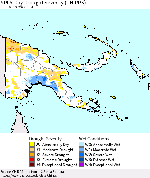 Papua New Guinea SPI 5-Day Drought Severity (CHIRPS) Thematic Map For 6/6/2023 - 6/10/2023