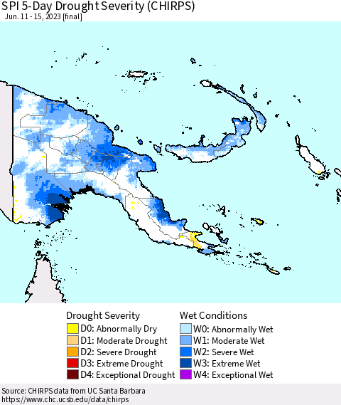 Papua New Guinea SPI 5-Day Drought Severity (CHIRPS) Thematic Map For 6/11/2023 - 6/15/2023