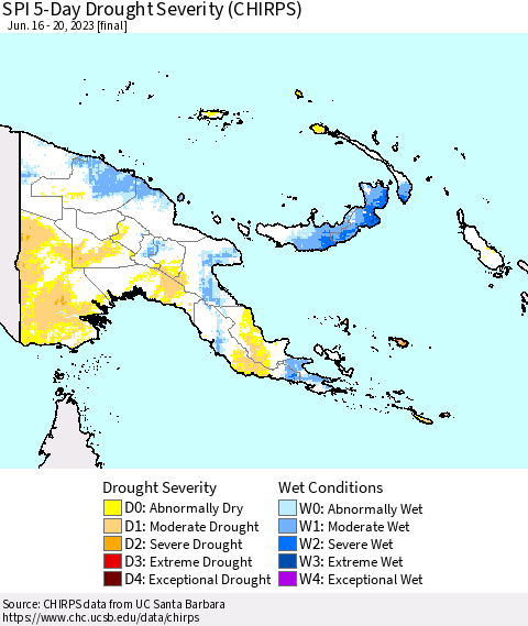 Papua New Guinea SPI 5-Day Drought Severity (CHIRPS) Thematic Map For 6/16/2023 - 6/20/2023