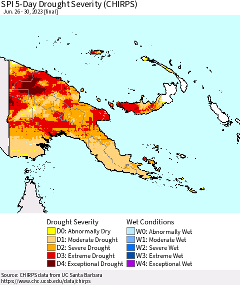 Papua New Guinea SPI 5-Day Drought Severity (CHIRPS) Thematic Map For 6/26/2023 - 6/30/2023