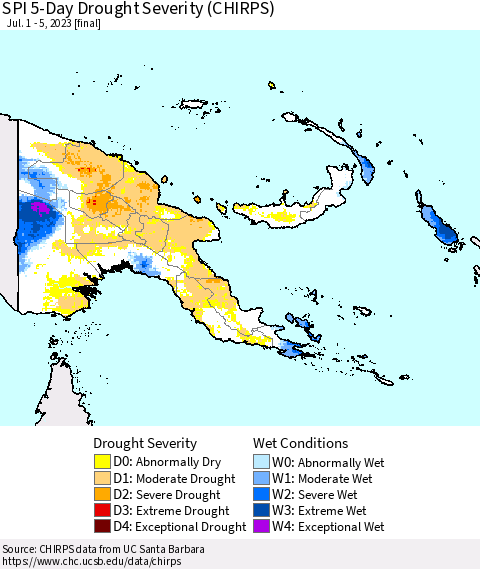 Papua New Guinea SPI 5-Day Drought Severity (CHIRPS) Thematic Map For 7/1/2023 - 7/5/2023