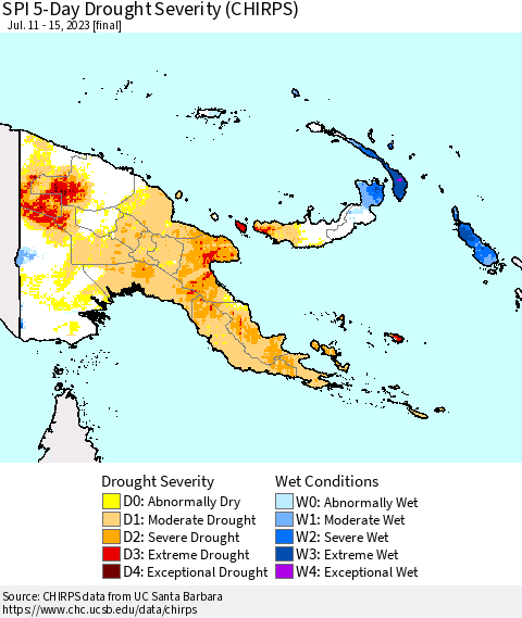 Papua New Guinea SPI 5-Day Drought Severity (CHIRPS) Thematic Map For 7/11/2023 - 7/15/2023