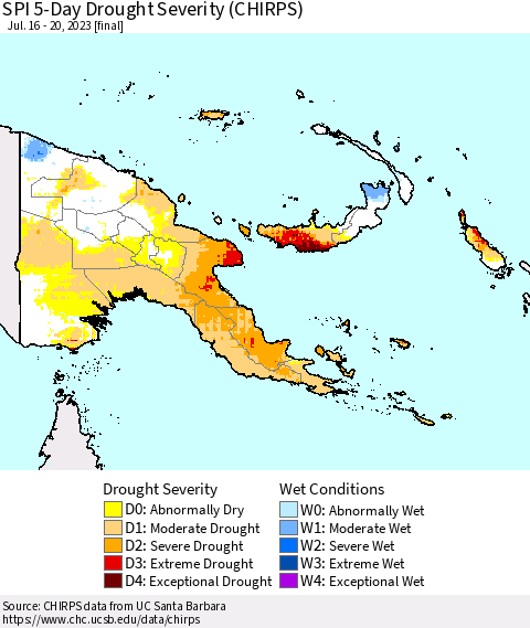 Papua New Guinea SPI 5-Day Drought Severity (CHIRPS) Thematic Map For 7/16/2023 - 7/20/2023