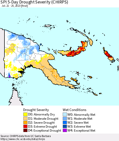 Papua New Guinea SPI 5-Day Drought Severity (CHIRPS) Thematic Map For 7/21/2023 - 7/25/2023