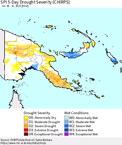 Papua New Guinea SPI 5-Day Drought Severity (CHIRPS) Thematic Map For 7/26/2023 - 7/31/2023