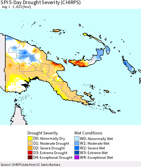 Papua New Guinea SPI 5-Day Drought Severity (CHIRPS) Thematic Map For 8/1/2023 - 8/5/2023