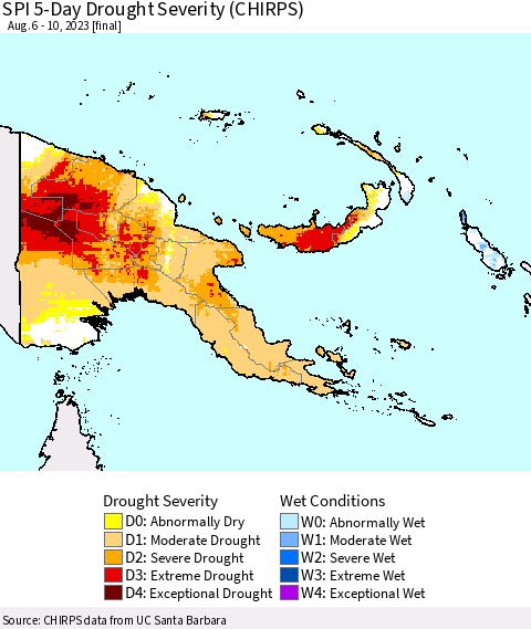 Papua New Guinea SPI 5-Day Drought Severity (CHIRPS) Thematic Map For 8/6/2023 - 8/10/2023