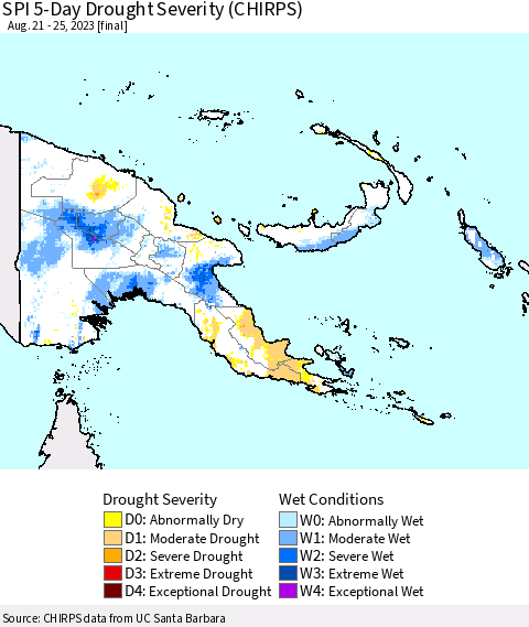 Papua New Guinea SPI 5-Day Drought Severity (CHIRPS) Thematic Map For 8/21/2023 - 8/25/2023
