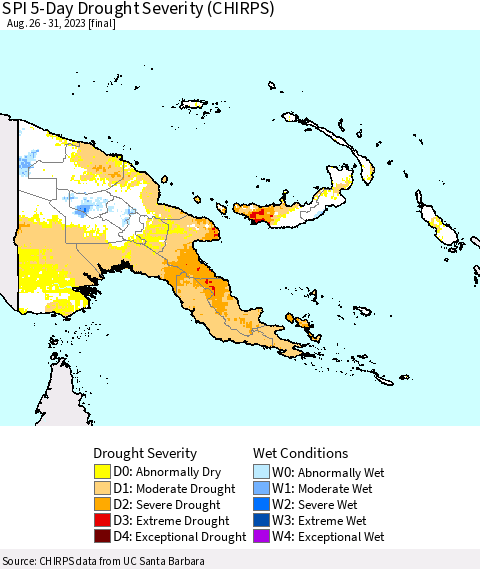 Papua New Guinea SPI 5-Day Drought Severity (CHIRPS) Thematic Map For 8/26/2023 - 8/31/2023