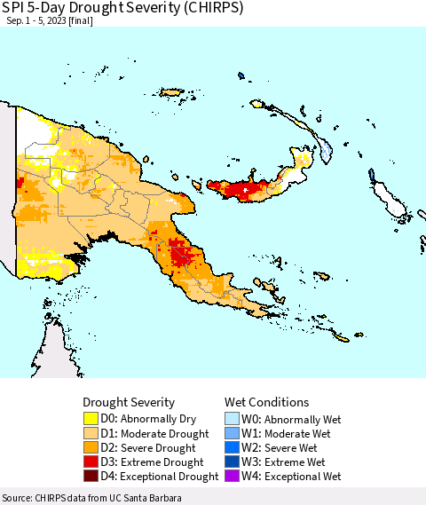 Papua New Guinea SPI 5-Day Drought Severity (CHIRPS) Thematic Map For 9/1/2023 - 9/5/2023