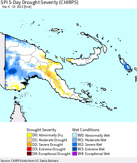 Papua New Guinea SPI 5-Day Drought Severity (CHIRPS) Thematic Map For 9/6/2023 - 9/10/2023