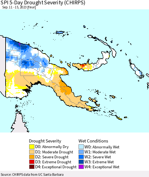 Papua New Guinea SPI 5-Day Drought Severity (CHIRPS) Thematic Map For 9/11/2023 - 9/15/2023