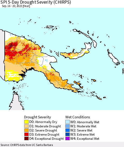Papua New Guinea SPI 5-Day Drought Severity (CHIRPS) Thematic Map For 9/16/2023 - 9/20/2023
