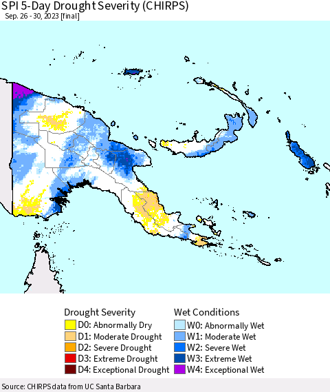Papua New Guinea SPI 5-Day Drought Severity (CHIRPS) Thematic Map For 9/26/2023 - 9/30/2023