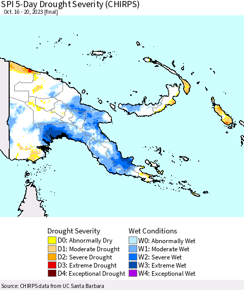 Papua New Guinea SPI 5-Day Drought Severity (CHIRPS) Thematic Map For 10/16/2023 - 10/20/2023