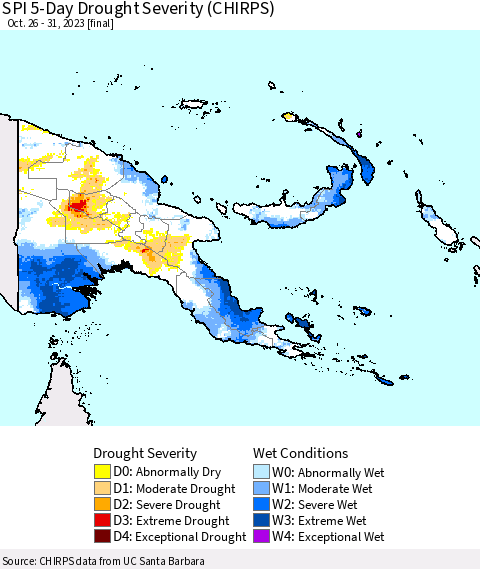 Papua New Guinea SPI 5-Day Drought Severity (CHIRPS) Thematic Map For 10/26/2023 - 10/31/2023