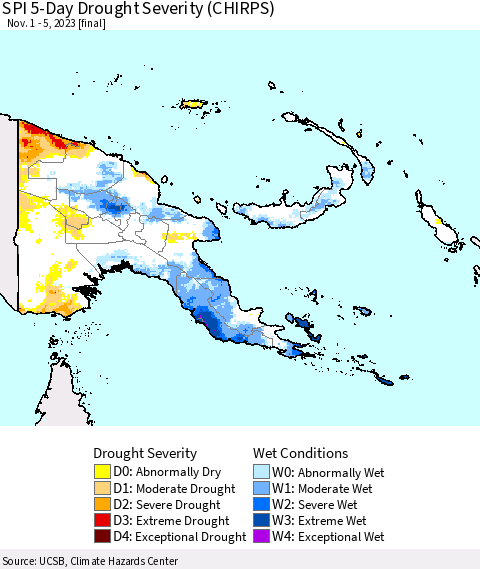 Papua New Guinea SPI 5-Day Drought Severity (CHIRPS) Thematic Map For 11/1/2023 - 11/5/2023