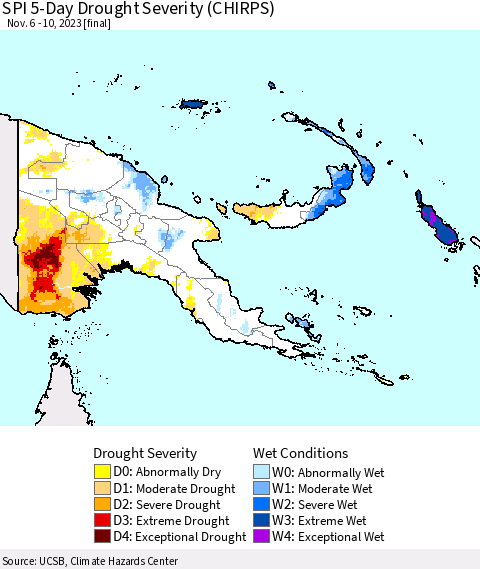 Papua New Guinea SPI 5-Day Drought Severity (CHIRPS) Thematic Map For 11/6/2023 - 11/10/2023