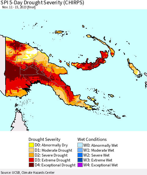 Papua New Guinea SPI 5-Day Drought Severity (CHIRPS) Thematic Map For 11/11/2023 - 11/15/2023