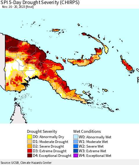 Papua New Guinea SPI 5-Day Drought Severity (CHIRPS) Thematic Map For 11/16/2023 - 11/20/2023