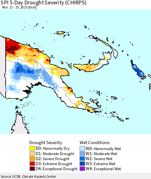Papua New Guinea SPI 5-Day Drought Severity (CHIRPS) Thematic Map For 11/21/2023 - 11/25/2023