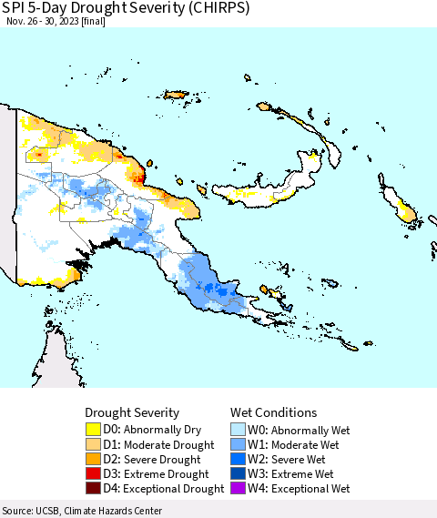 Papua New Guinea SPI 5-Day Drought Severity (CHIRPS) Thematic Map For 11/26/2023 - 11/30/2023