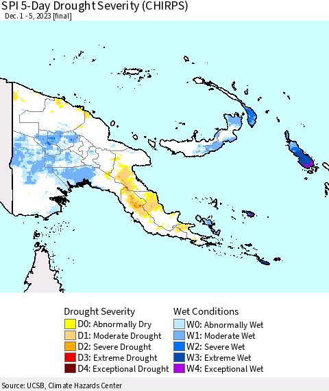 Papua New Guinea SPI 5-Day Drought Severity (CHIRPS) Thematic Map For 12/1/2023 - 12/5/2023