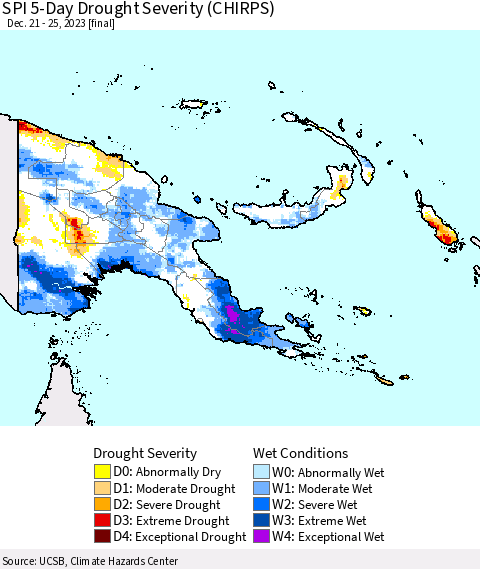 Papua New Guinea SPI 5-Day Drought Severity (CHIRPS) Thematic Map For 12/21/2023 - 12/25/2023