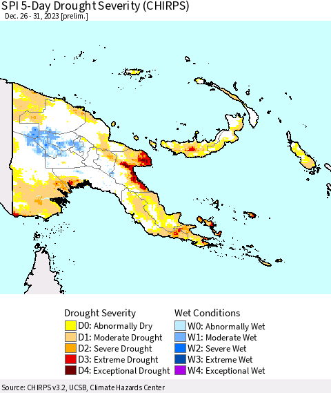 Papua New Guinea SPI 5-Day Drought Severity (CHIRPS) Thematic Map For 12/26/2023 - 12/31/2023