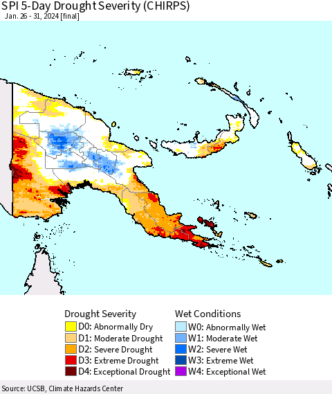 Papua New Guinea SPI 5-Day Drought Severity (CHIRPS) Thematic Map For 1/26/2024 - 1/31/2024