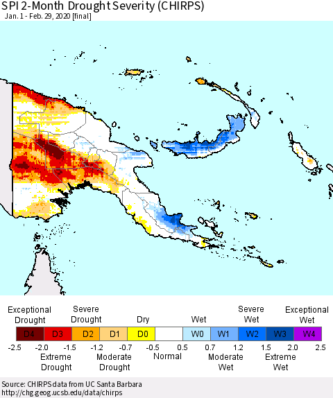Papua New Guinea SPI 2-Month Drought Severity (CHIRPS) Thematic Map For 1/1/2020 - 2/29/2020