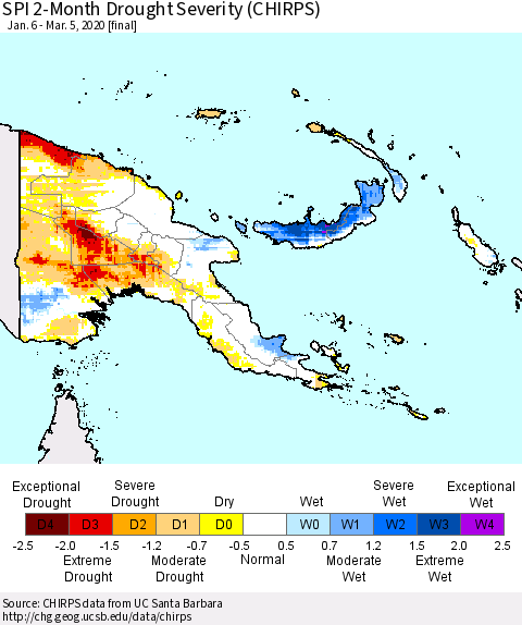 Papua New Guinea SPI 2-Month Drought Severity (CHIRPS) Thematic Map For 1/6/2020 - 3/5/2020