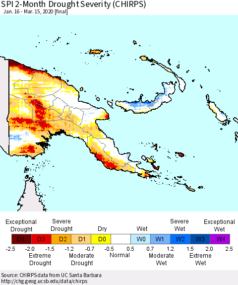 Papua New Guinea SPI 2-Month Drought Severity (CHIRPS) Thematic Map For 1/16/2020 - 3/15/2020