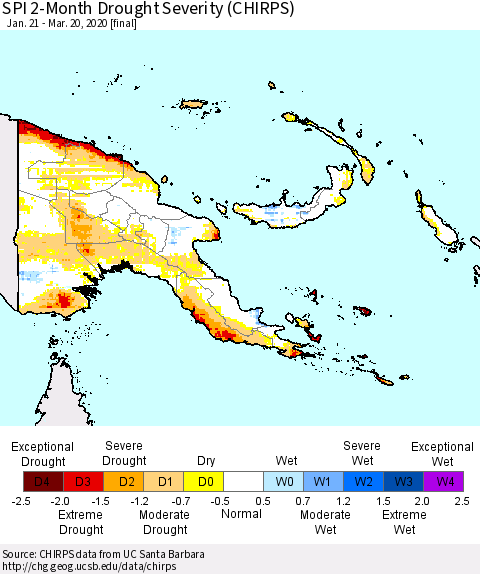 Papua New Guinea SPI 2-Month Drought Severity (CHIRPS) Thematic Map For 1/21/2020 - 3/20/2020