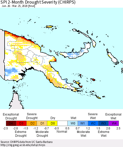 Papua New Guinea SPI 2-Month Drought Severity (CHIRPS) Thematic Map For 1/26/2020 - 3/25/2020