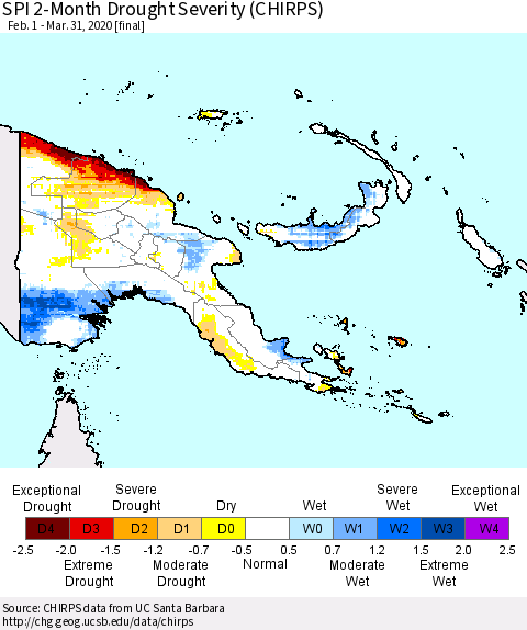 Papua New Guinea SPI 2-Month Drought Severity (CHIRPS) Thematic Map For 2/1/2020 - 3/31/2020