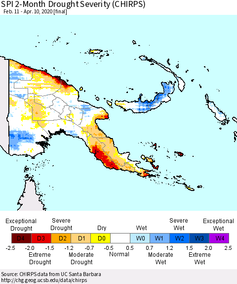 Papua New Guinea SPI 2-Month Drought Severity (CHIRPS) Thematic Map For 2/11/2020 - 4/10/2020