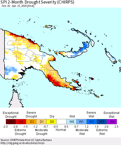 Papua New Guinea SPI 2-Month Drought Severity (CHIRPS) Thematic Map For 2/16/2020 - 4/15/2020