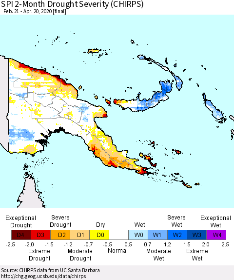 Papua New Guinea SPI 2-Month Drought Severity (CHIRPS) Thematic Map For 2/21/2020 - 4/20/2020