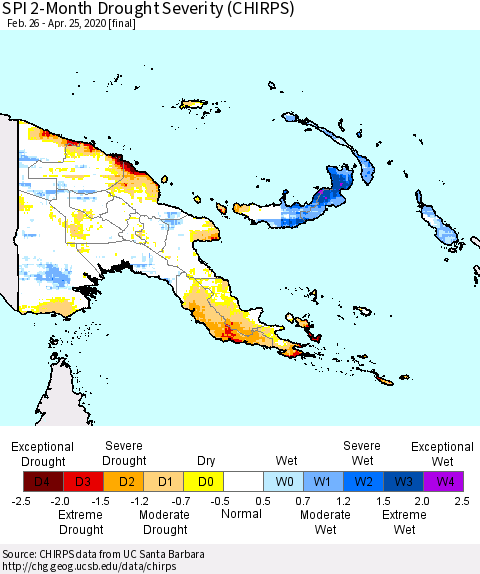 Papua New Guinea SPI 2-Month Drought Severity (CHIRPS) Thematic Map For 2/26/2020 - 4/25/2020