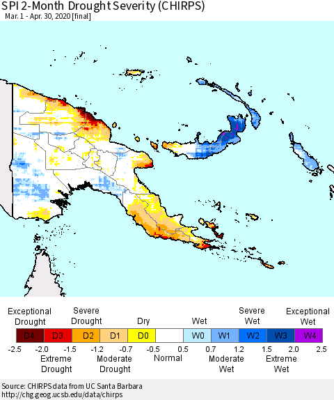 Papua New Guinea SPI 2-Month Drought Severity (CHIRPS) Thematic Map For 3/1/2020 - 4/30/2020