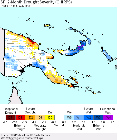 Papua New Guinea SPI 2-Month Drought Severity (CHIRPS) Thematic Map For 3/6/2020 - 5/5/2020