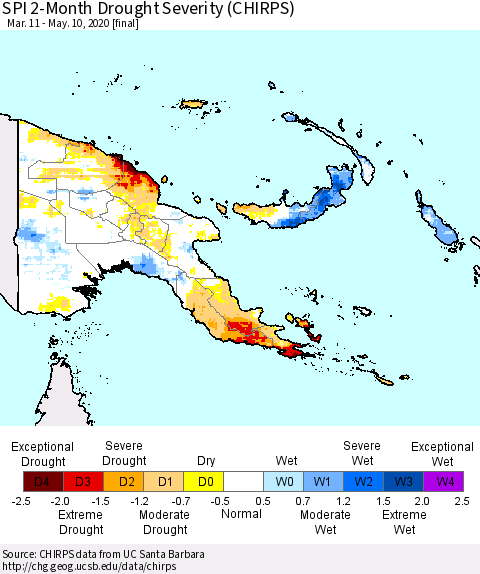 Papua New Guinea SPI 2-Month Drought Severity (CHIRPS) Thematic Map For 3/11/2020 - 5/10/2020