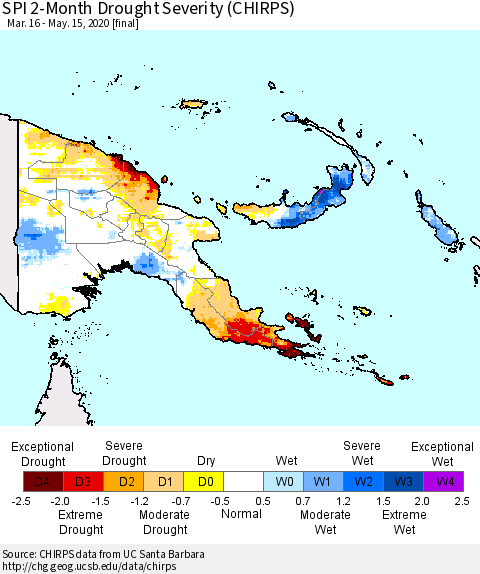 Papua New Guinea SPI 2-Month Drought Severity (CHIRPS) Thematic Map For 3/16/2020 - 5/15/2020