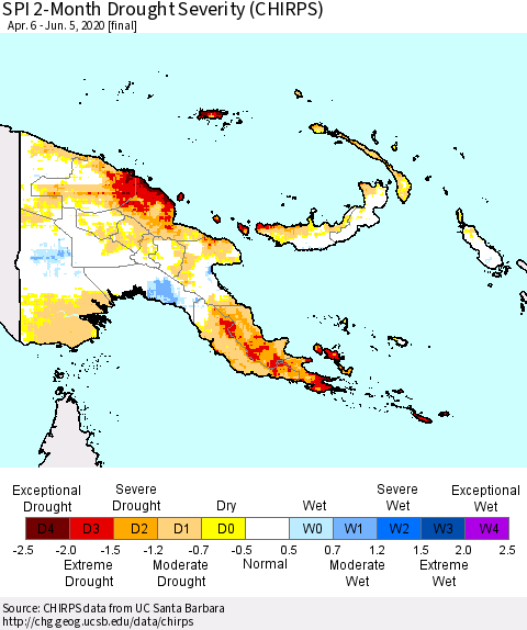 Papua New Guinea SPI 2-Month Drought Severity (CHIRPS) Thematic Map For 4/6/2020 - 6/5/2020