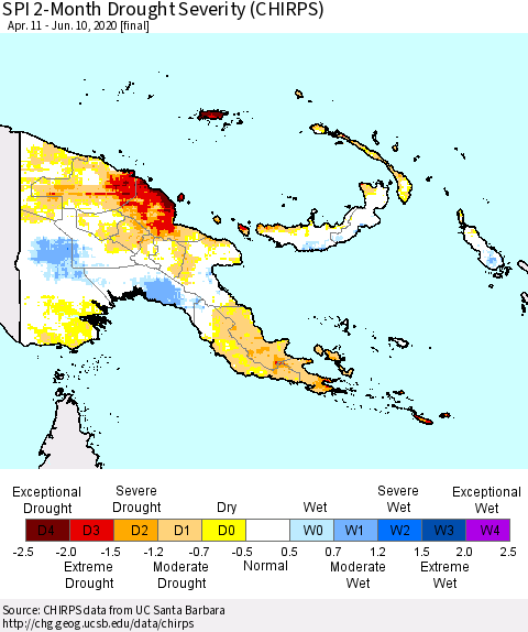 Papua New Guinea SPI 2-Month Drought Severity (CHIRPS) Thematic Map For 4/11/2020 - 6/10/2020