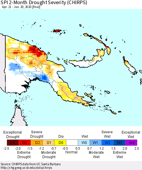 Papua New Guinea SPI 2-Month Drought Severity (CHIRPS) Thematic Map For 4/21/2020 - 6/20/2020