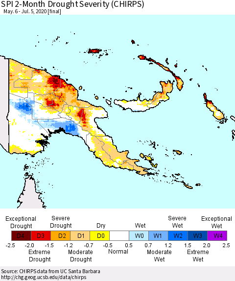 Papua New Guinea SPI 2-Month Drought Severity (CHIRPS) Thematic Map For 5/6/2020 - 7/5/2020